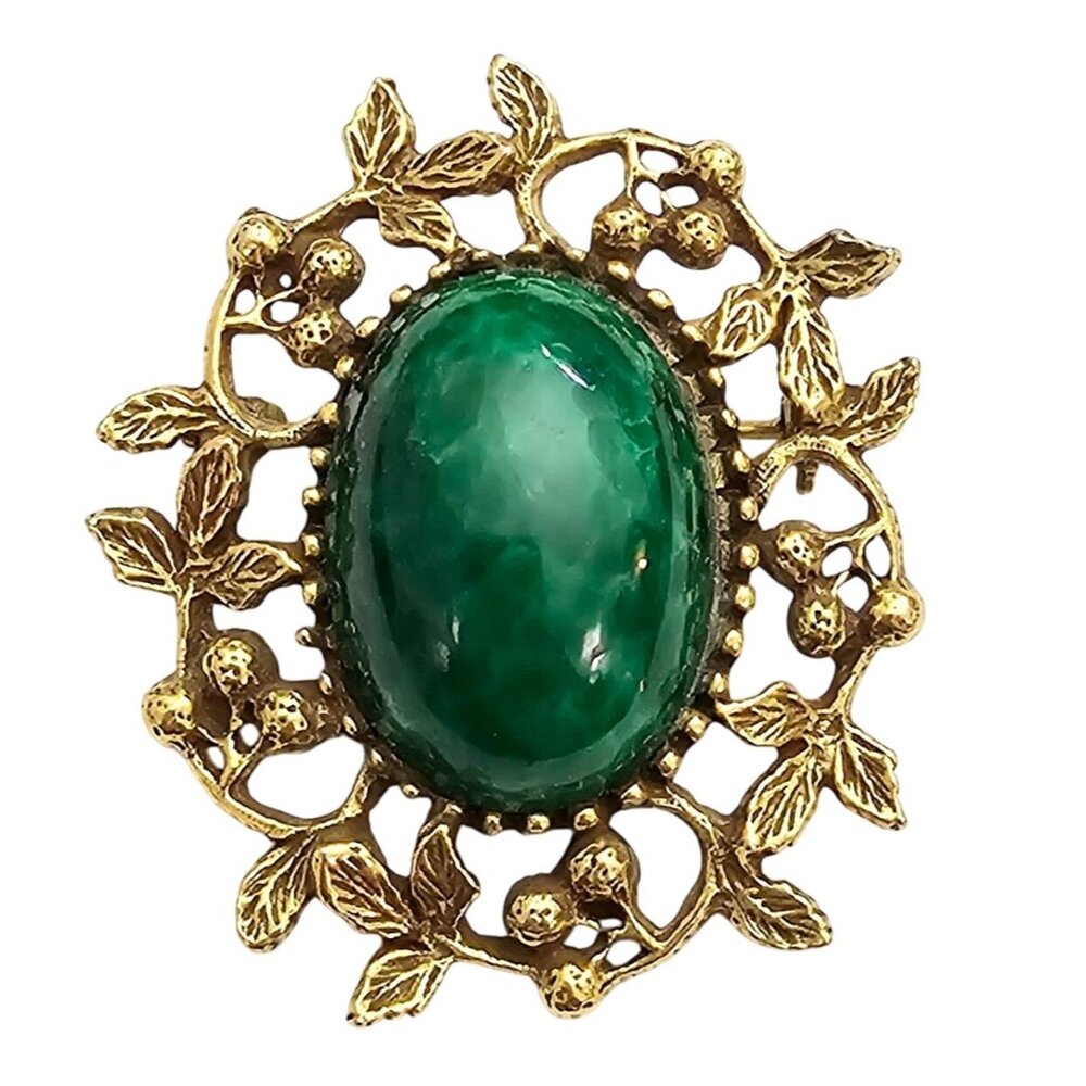 Goldette Green Mottled Glass Cab Brooch Oval Berries Leaf Pin Signed J339